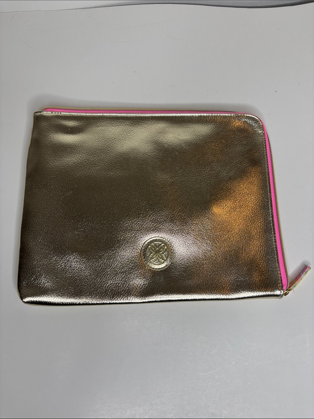 Lilly Pulitzer Gold Metallic Cosmetic Pouch with Pink Trim